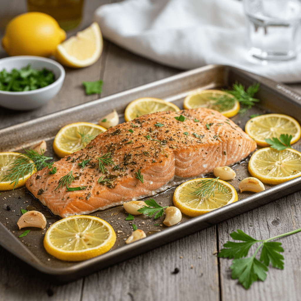Baked lemon garlic salmon with butter, fresh lemon, and garlic. A healthy easy dinner recipe that’s juicy, flaky, and ready in 25 minutes.