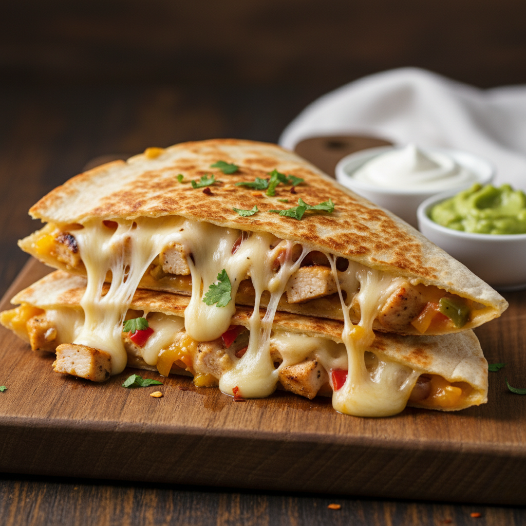 Cheesy chicken quesadilla with juicy chicken, melted cheese, and crisp golden tortillas. An easy dinner recipe for beginners ready in 20 minutes.