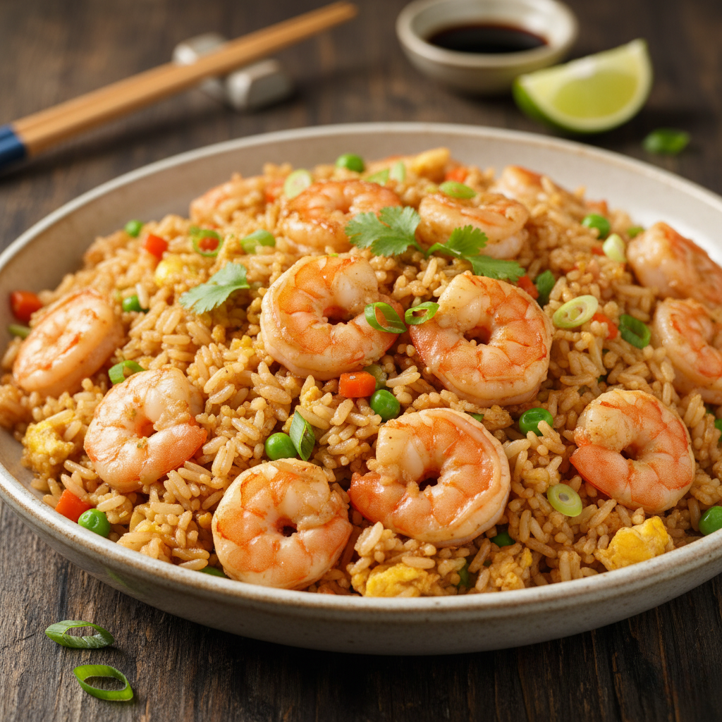Shrimp fried rice with juicy shrimp, eggs, vegetables, and savory rice. A quick and easy dinner recipe ready in 25 minutes.
