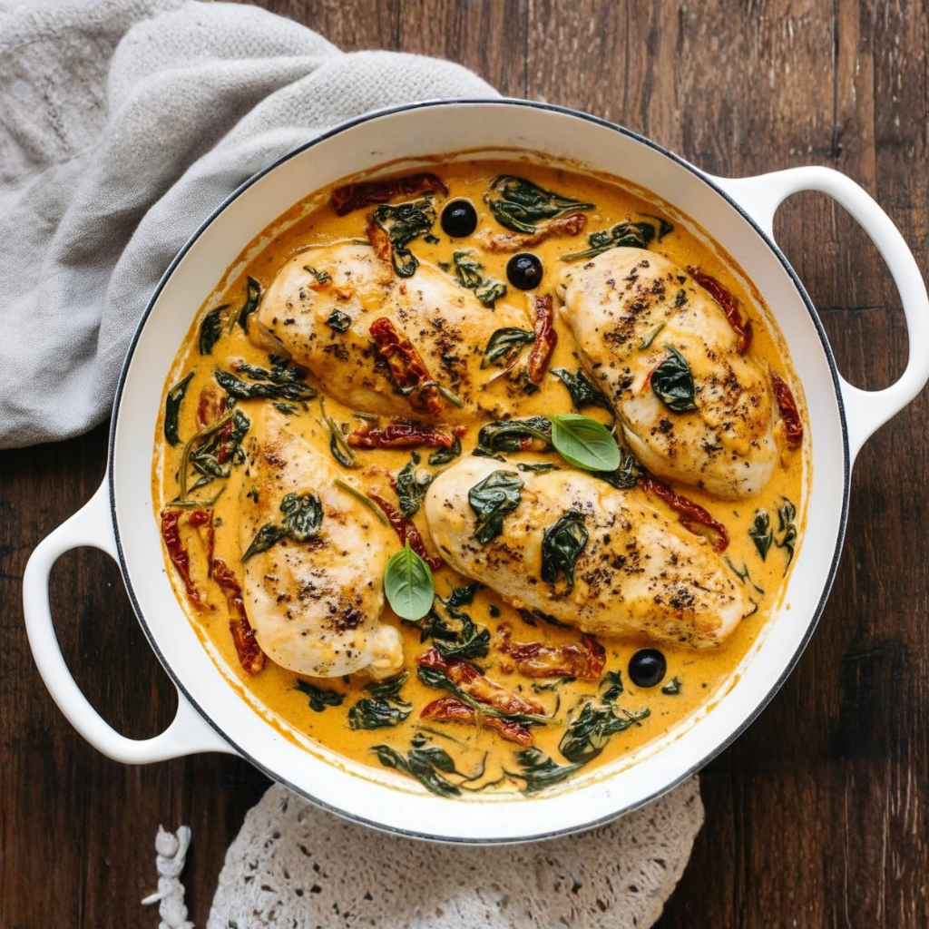 Creamy Tuscan chicken with garlic, spinach, and sun-dried tomatoes. An easy weeknight dinner recipe ready in about 30 minutes.