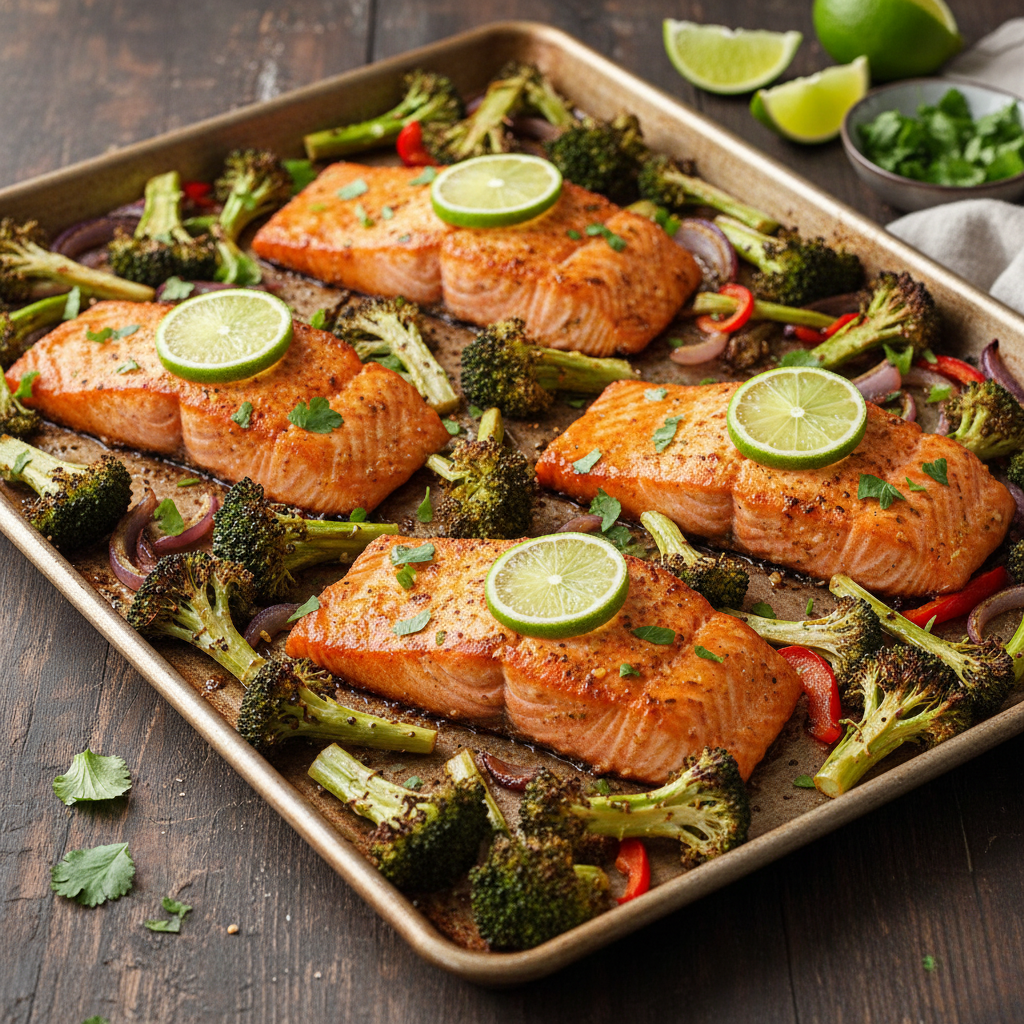 Sheet Pan Chili-Lime Salmon with Roasted Broccoli
