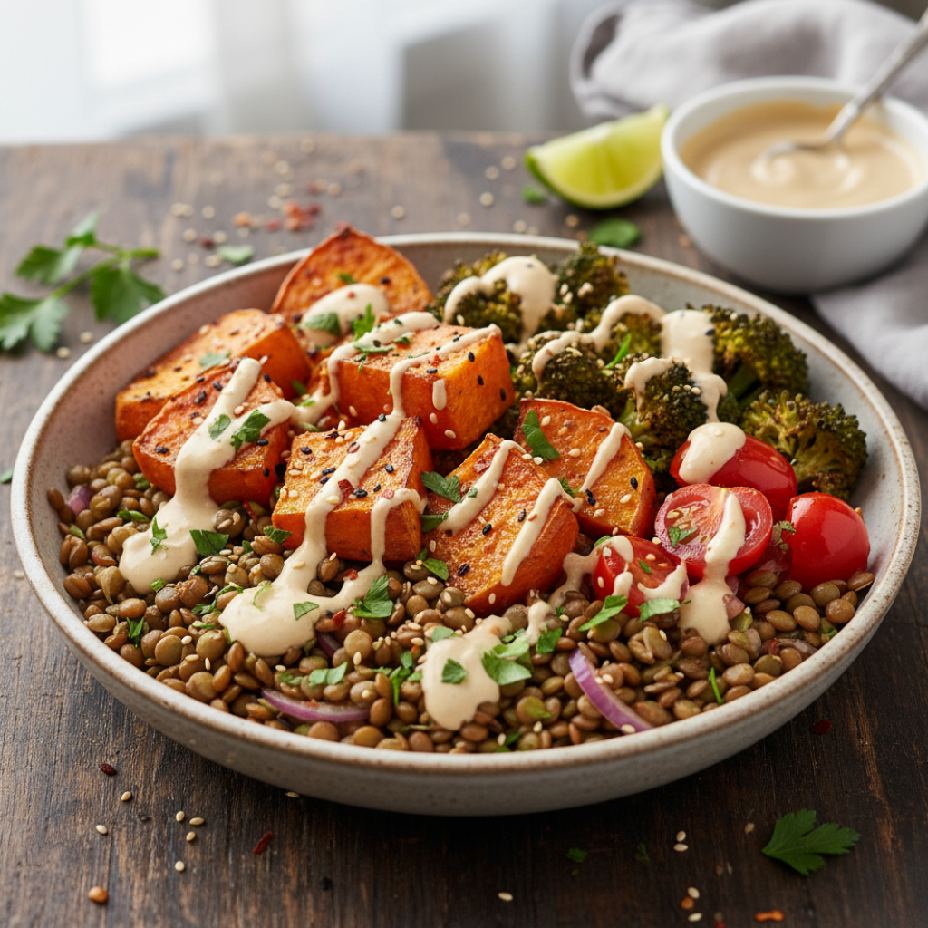 Lentil Bowl with Roasted Sweet Potato and Tahini