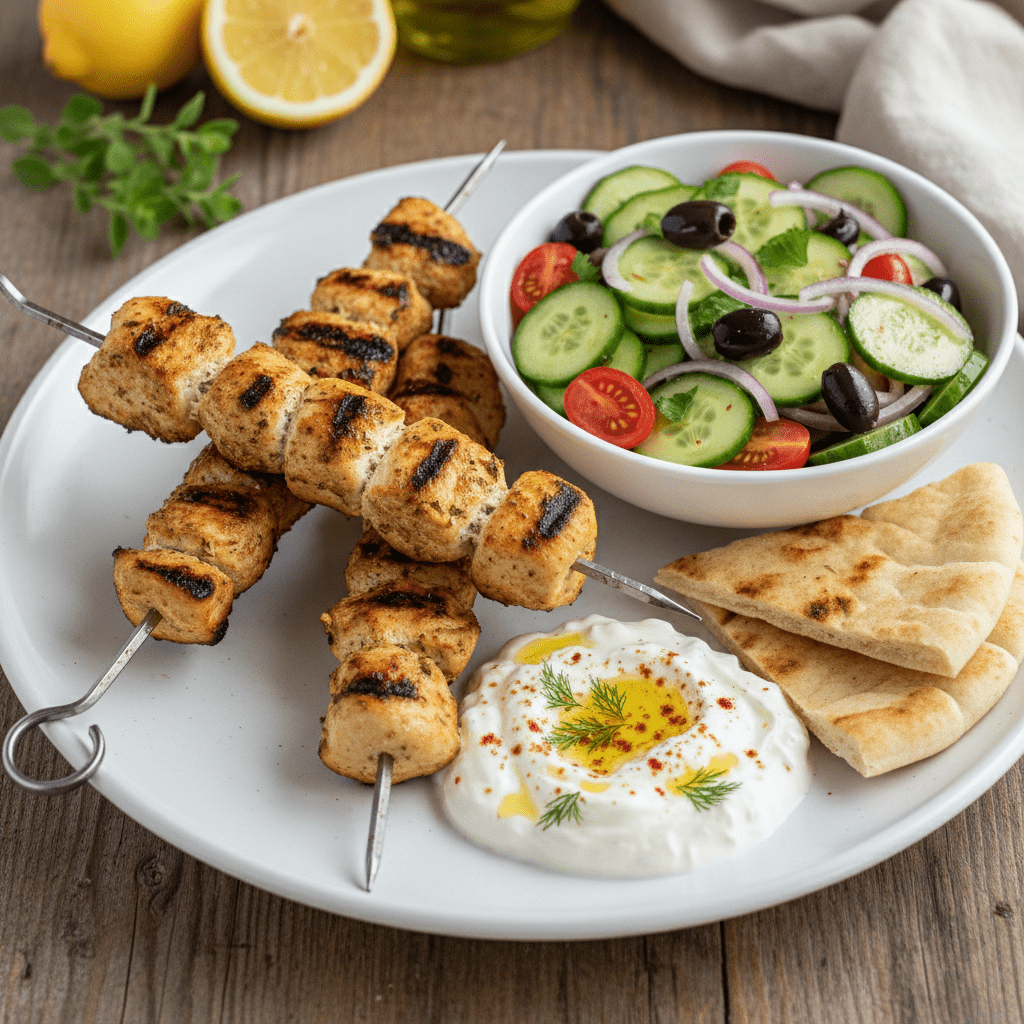 Chicken Souvlaki Skewers with Cucumber Salad – Refreshing, Low Carb & Made for Spring Grilling