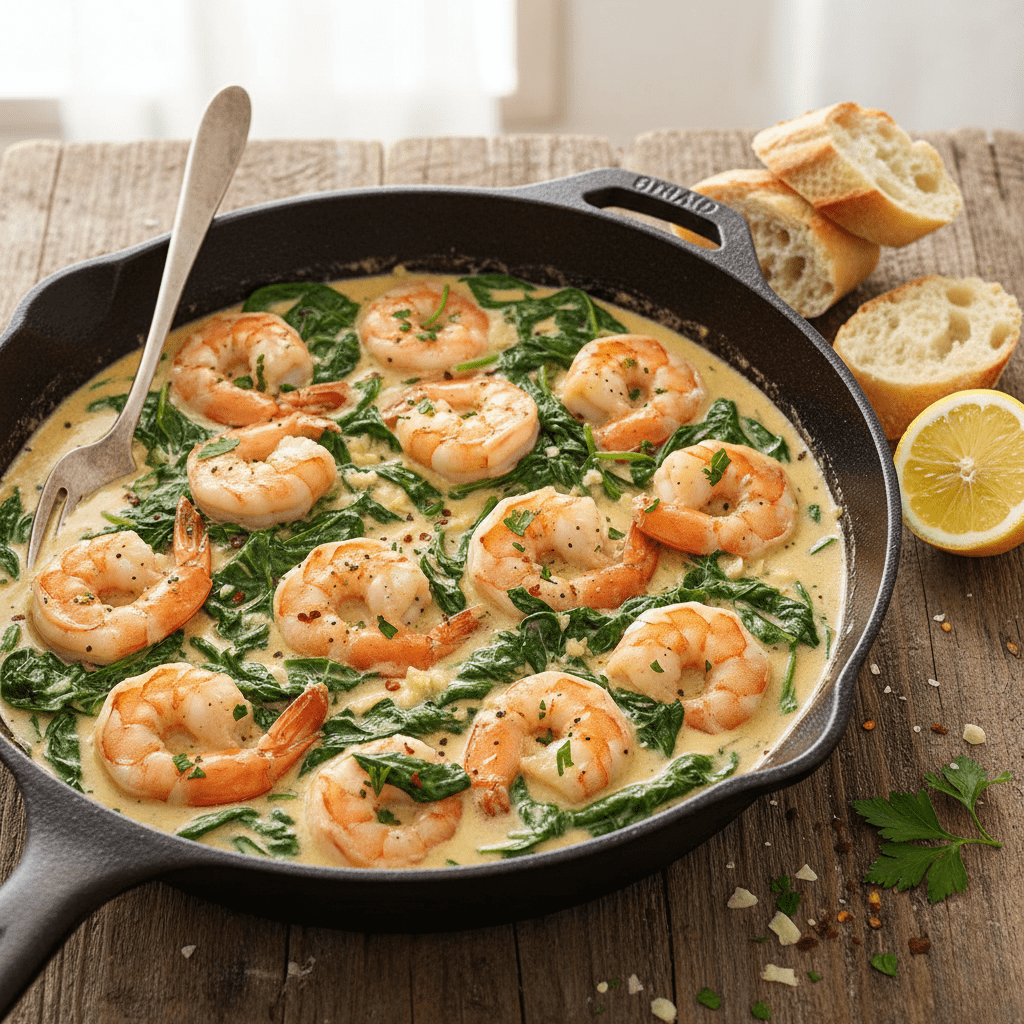 Creamy Garlic Butter Shrimp with Spinach – Rich, Silky & Ready in 15 Minutes