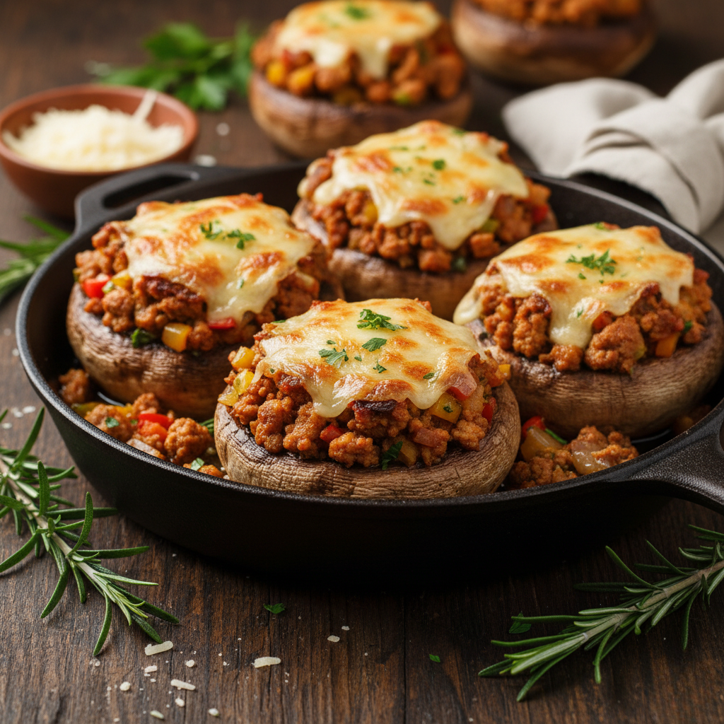 Stuffed portobello mushrooms with ground turkey are a hearty low carb meal with savory filling and tender baked mushroom caps.
